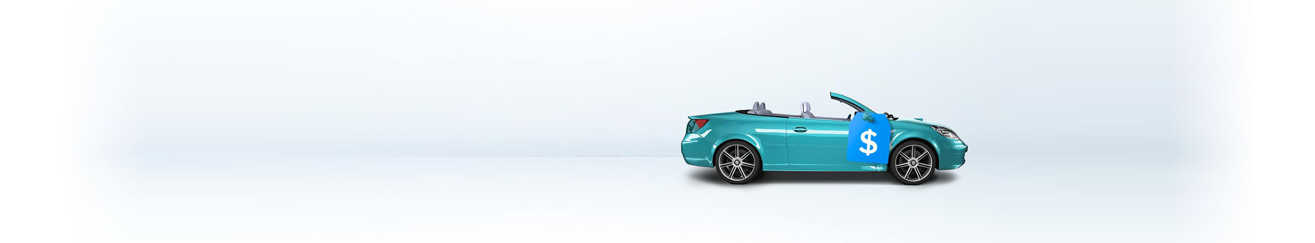 Une voiture de sport turquoise avec une étiquette de prix en forme de dollar bleu et blanc accrochée au rétroviseur côté passager.