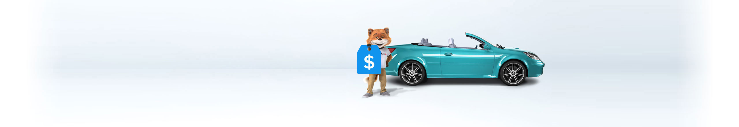 La mascotte de CARFAX Canada debout devant une berline.