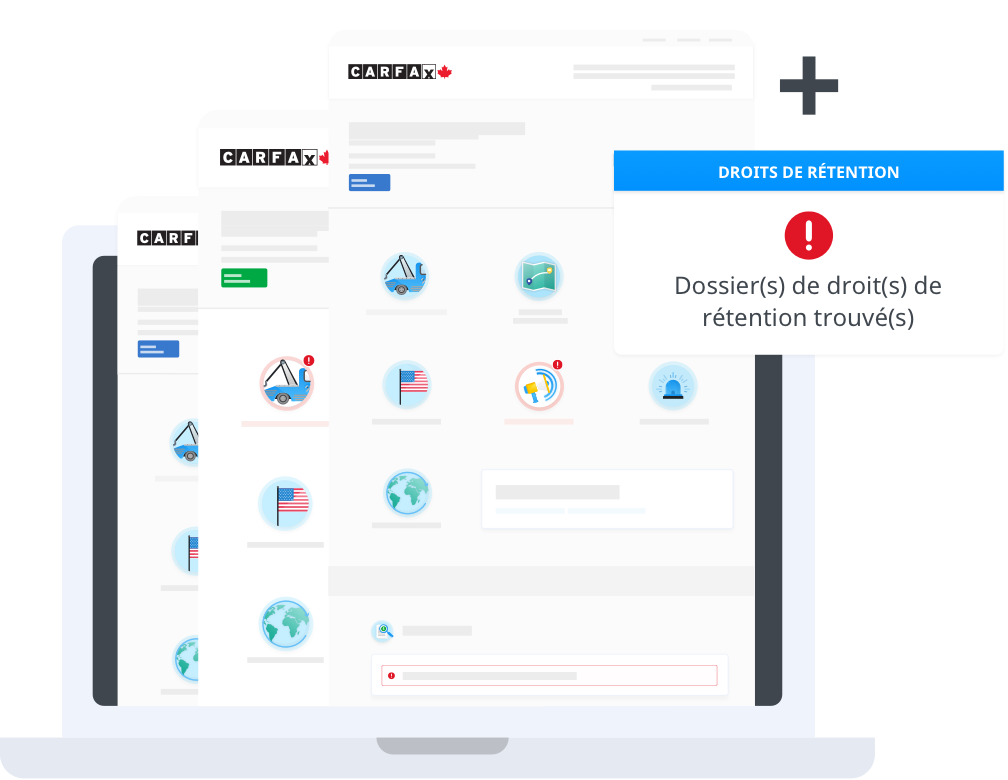 Un ordinateur portable blanc affichant trois des Rapports d’Historique de Véhicule de CARFAX Canada ainsi qu’un seul Droit de Rétention.