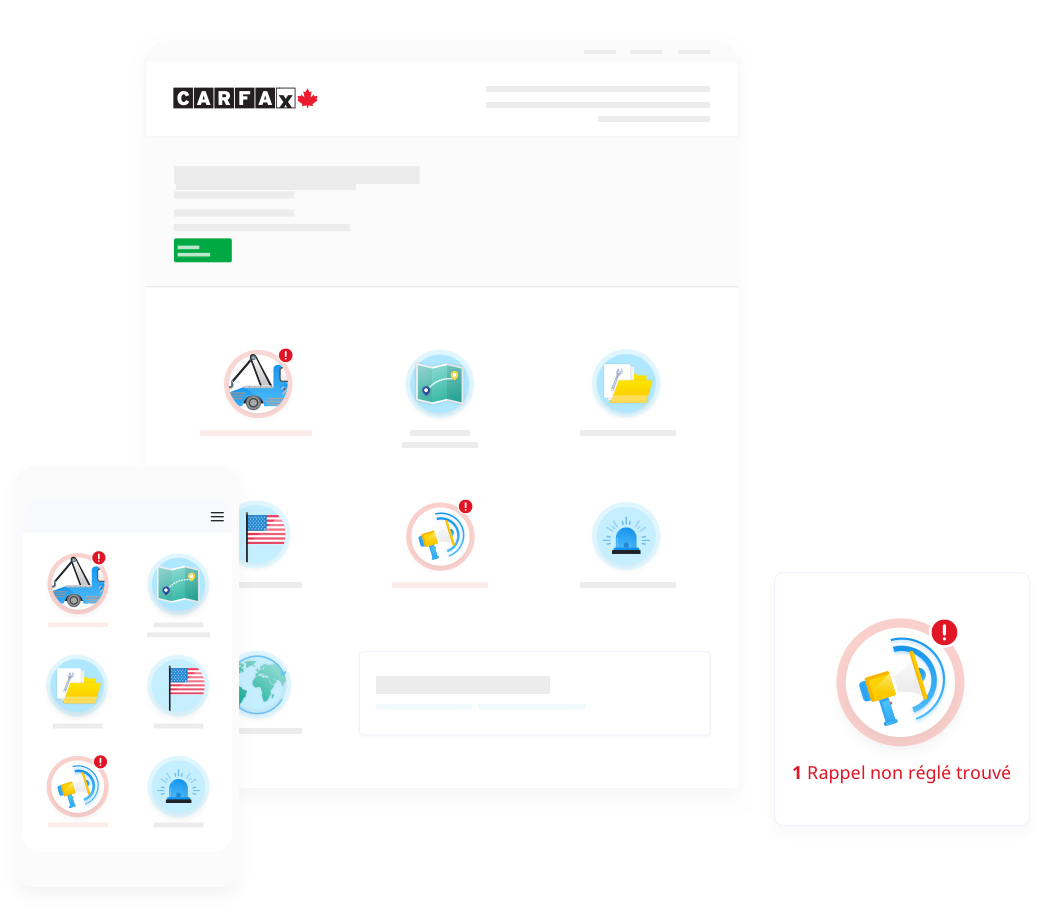 Un Rapport d’Historique de Véhicule de CARFAX Canada affiché numériquement et sur un téléphone cellulaire avec une icône d'alerte de rappel.